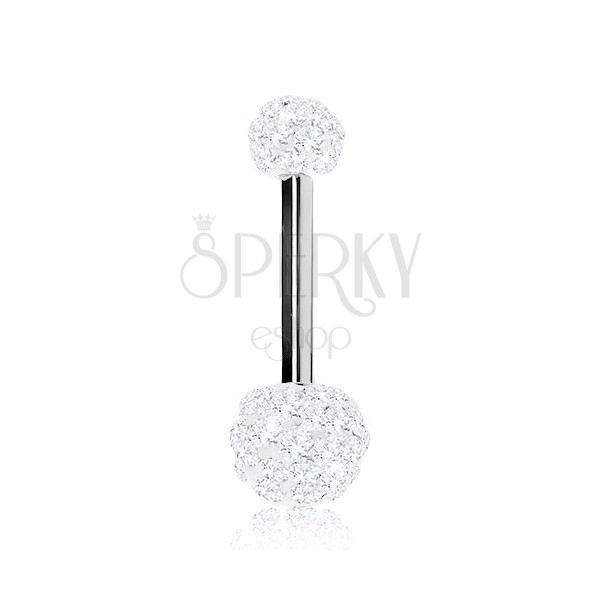 Tongue piercing made of 316L steel, two balls adorned with clear zircons