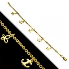 Steel bracelet in gold colour, chain composed of oval links, anchors and butterflies