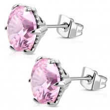 Stainless steel silver earrings, pink zircon in a mount, 9 mm