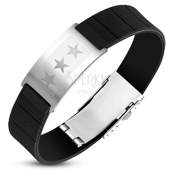 Black rubber bracelet with a silver steel plate, three stars