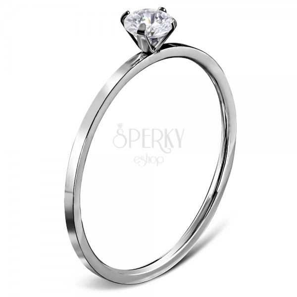 Engagement ring made of 316L steel in silver colour, round clear zircon