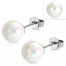 Earrings made of 316L steel in silver colour with white pearly ball, 8,5 mm