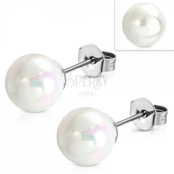 Earrings made of 316L steel in silver colour with white pearly ball, 8,5 mm
