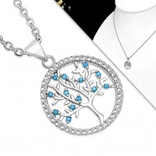 Necklace made of 316L steel, clear circle and tree of life with blue balls