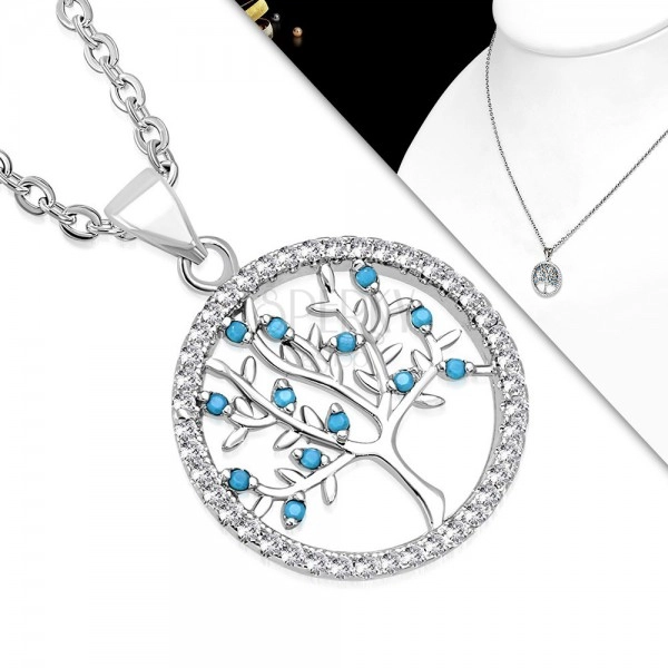Necklace made of 316L steel, clear circle and tree of life with blue balls