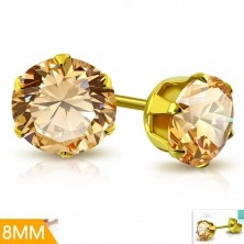 Surgical steel earrings in gold colour, light orange zircon in mount, 8 mm