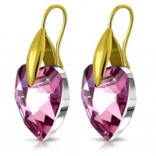 Earrings made of 316L steel in gold hue, violet zircon heart, hooks