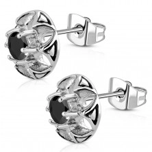 Surgical steel earrings - a cut-out flower with a black zircon