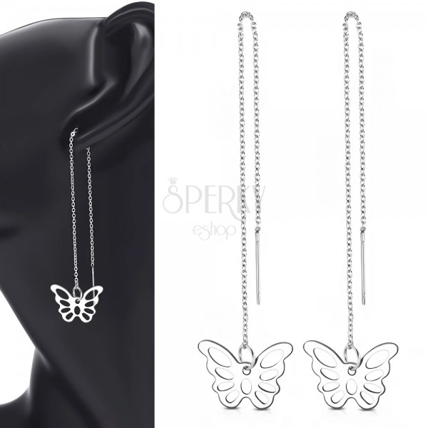 316L steel dangling earrings, silver shade, a thin chain with a butterfly