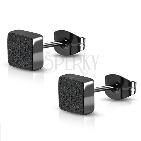 Black steel earrings, a square with ragged sand surface