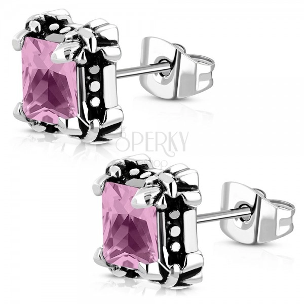 Surgical steel stud earrings - a pink zircon in clutches