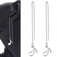 Dangling 316L steel earrings, silver color, thin chain with music note