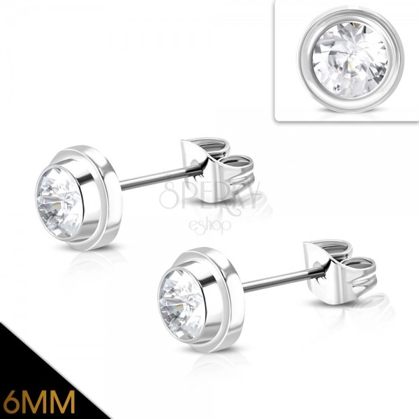 Steel stud earrings, a shiny circle with embedded clear zircon 