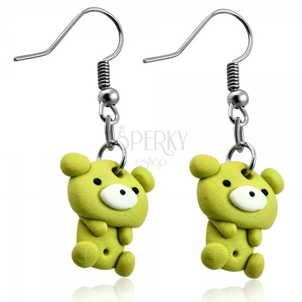 FIMO earrings, light green bear dangling on hooks
