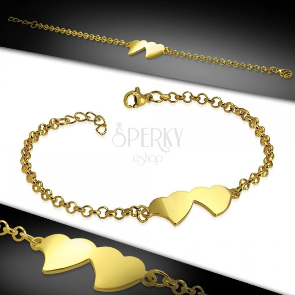 316L steel gold bracelet, shiny chain, two connected hearts