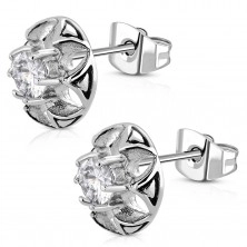 Surgical steel earrings - cut-out flower with clear zircon