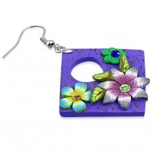FIMO earrings, dangling purple rhombus with flowers and rounded cut-out