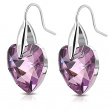 316L steel silver earrings, purple zircon hearts, hooks