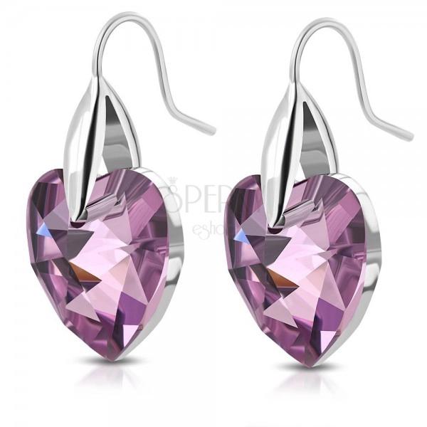 316L steel silver earrings, purple zircon hearts, hooks
