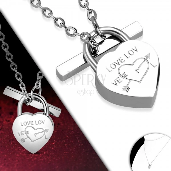 Steel necklace in silver colour, heart shaped lock, shiny chain
