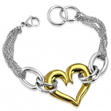 Steel bracelet made of thin chains and large heart contour in golden colour