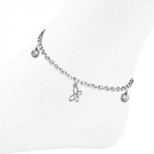 316L steel bracelet or anklet in silver colour, butterflies, balls and a heart