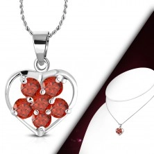 Silver necklace, heart contour, red zircon flower