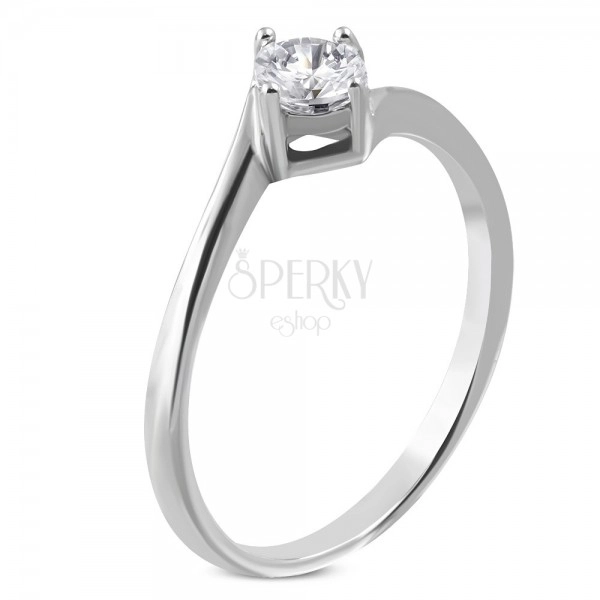 Engagement ring made of surgical steel, curved ends, clear zircon