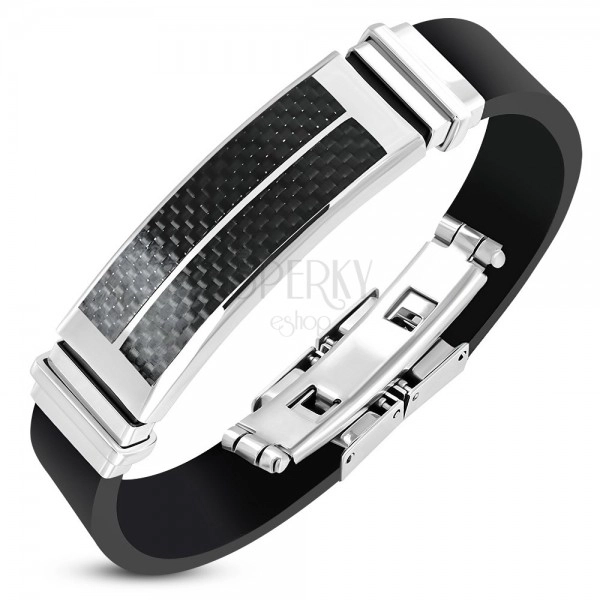 Black rubber bracelet, steel plate with two black stripes