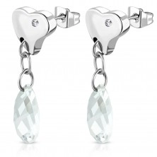 Stainless steel earrings in silver colour, heart and cut clear drop