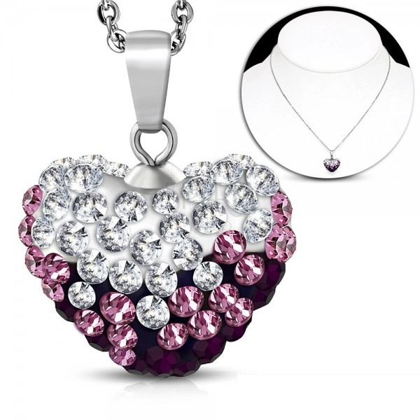 316L steel necklace, purple-clear protruding heart decorated with zircons