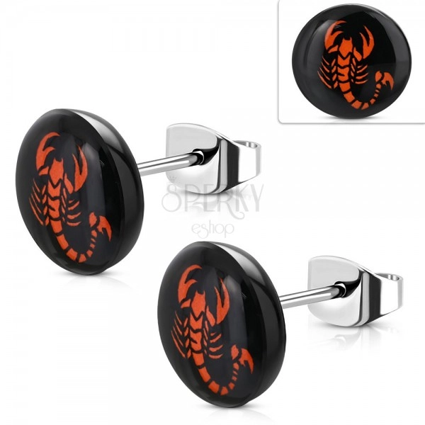 Stainless steel earrings, black acrylic circle with red scorpion