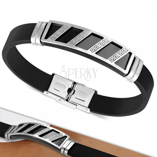 Black rubber bracelet, silver plate with black diagonal stripes