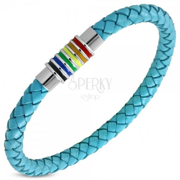 Light-blue braided synthetic leather bracelet, roller with colourful stripes
