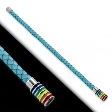 Light-blue braided synthetic leather bracelet, roller with colourful stripes