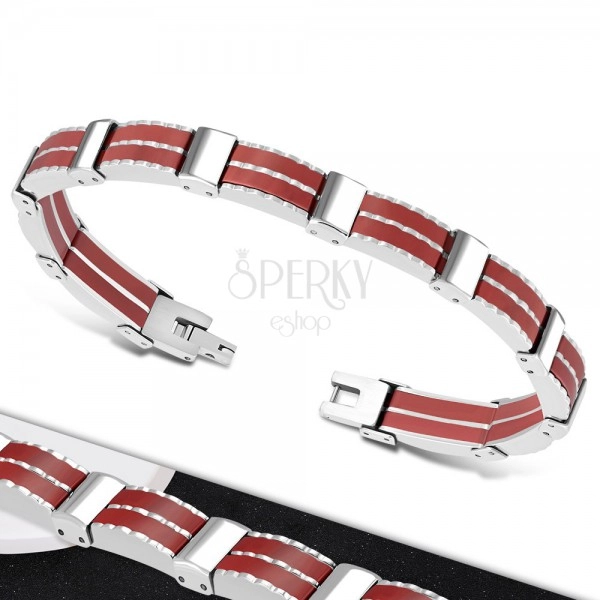 Steel-rubber bracelet, links of a silver colour, red rubber links