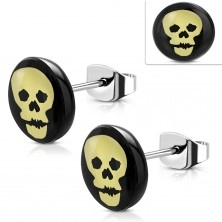 Steel earrings, black circle with yellow skull, studs