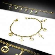 Bracelet and anklet made of 316L steel in gold colour, Latin crosses and pumpkins