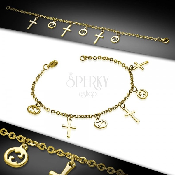 Bracelet and anklet made of 316L steel in gold colour, Latin crosses and pumpkins