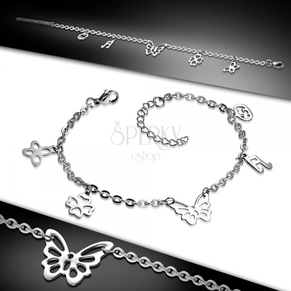 Steel bracelet or anklet, butterfly and four smaller pendants