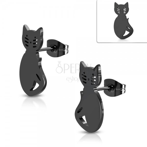 Stainless steel earrings in black colour, cat with cut-outs on face