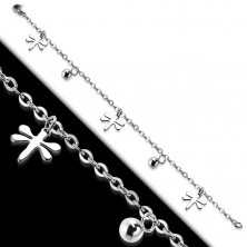 Stainless steel bracelet, shiny balls and dragon-flies, silver colour 
