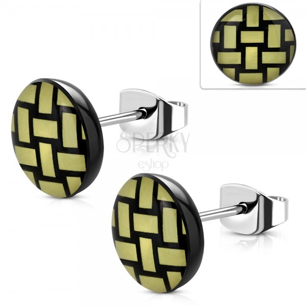 316L steel earrings, acrylic circle with yellow-black knit pattern, 10 mm