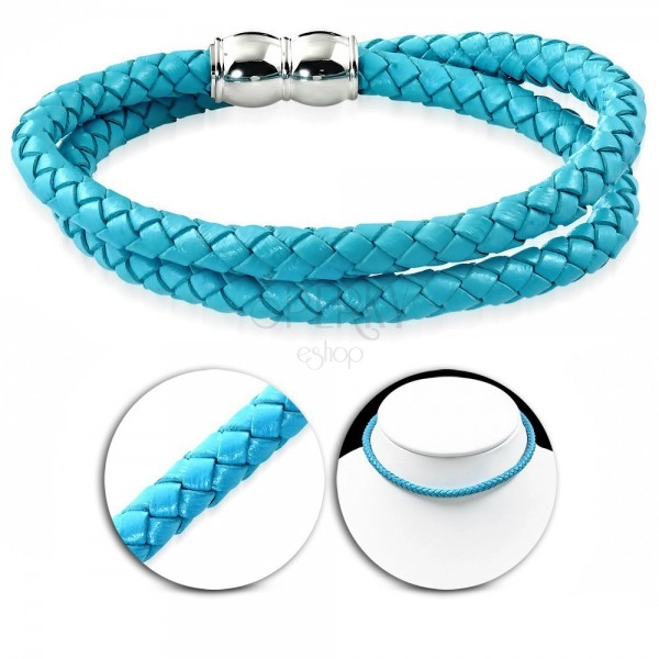 Necklace made of synthetic leather in light blue colour, knit pattern, magnetic closure 