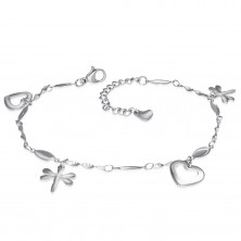 Stainless steel bracelet or anklet in silver colour, pendants - hearts and dragon-flies