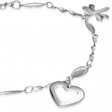 Stainless steel bracelet or anklet in silver colour, pendants - hearts and dragon-flies