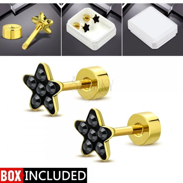 Steel stud earrings with a screw in gold colour, 316L steel, black zircon flower