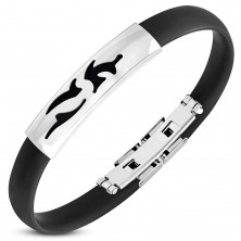 Black rubber bracelet, shiny steel plate with Tribal cut-outs