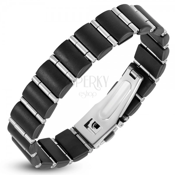 Steel-rubber bracelet, black rectangles and narrow silver rollers