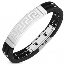 Black rubber bracelet with cut-outs and squares, Greek key plate